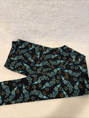 LuLaRoe Black Leggings with Teal & Gold Peacock Print